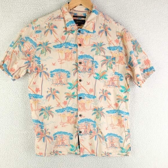 Roark Shirt Mens Medium Tan Blue Hawaiian Camp Button Up Palm Tree 100% Cotton - Picture 1 of 8